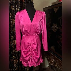 Wayf Fuchsia Satin dress with Ruched Detail